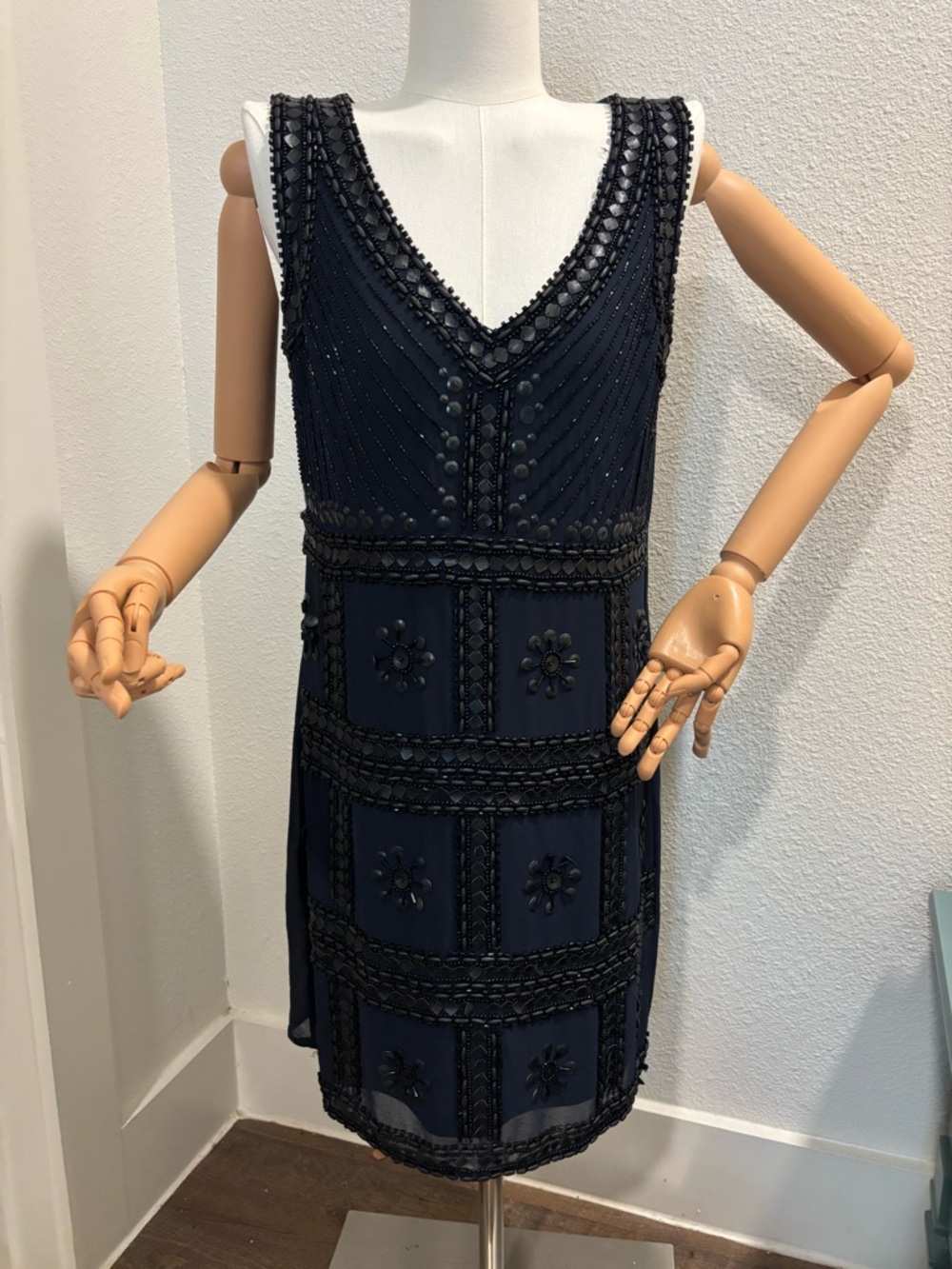 Sleeveless Beaded Navy Dress